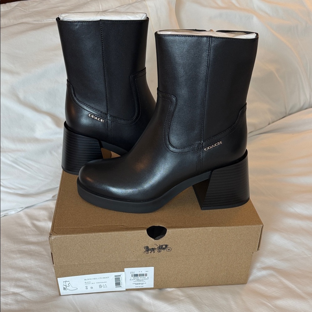 COACH Black Leather Block Heel LTH Boots - Size 8